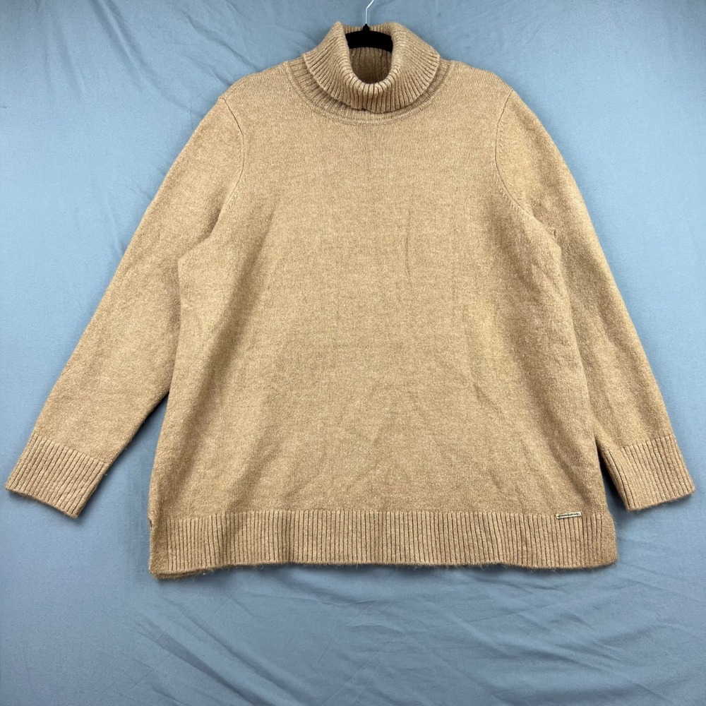 Anne Klein Turtleneck Sweater Womens Large Tan Marl Knit Side Slit Good